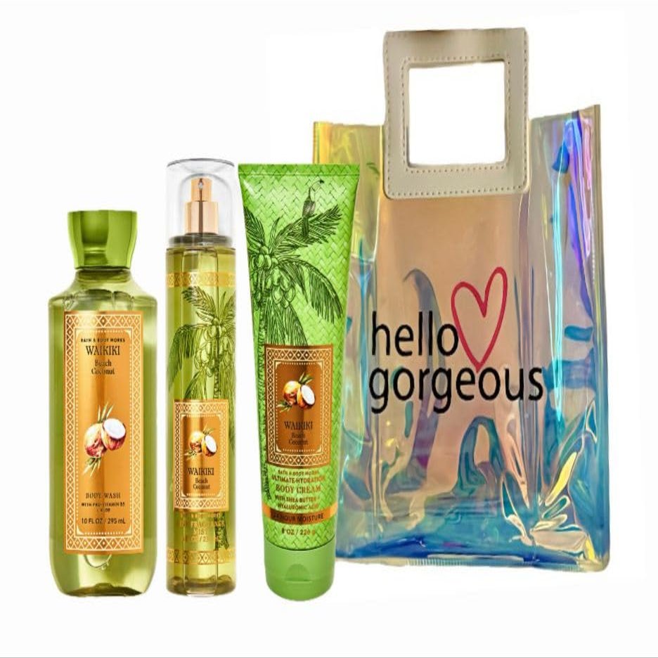 Waikiki Beach Coconut - White Barn - Bath Body/Work - 3 Piece Bundle - Premium Beauty - Full Size and Hello Gorgeous Gift Bag (Packaging May Vary)
