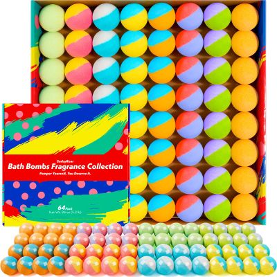 64 Pack Natural Bath Bombs Bulk Set 8 Scents, Organic Ingredients, Long-Lasting Bubbles, Relaxing Gifts for Women & Men, Self-Care, Birthday, Christmas & Stocking Stuffers
