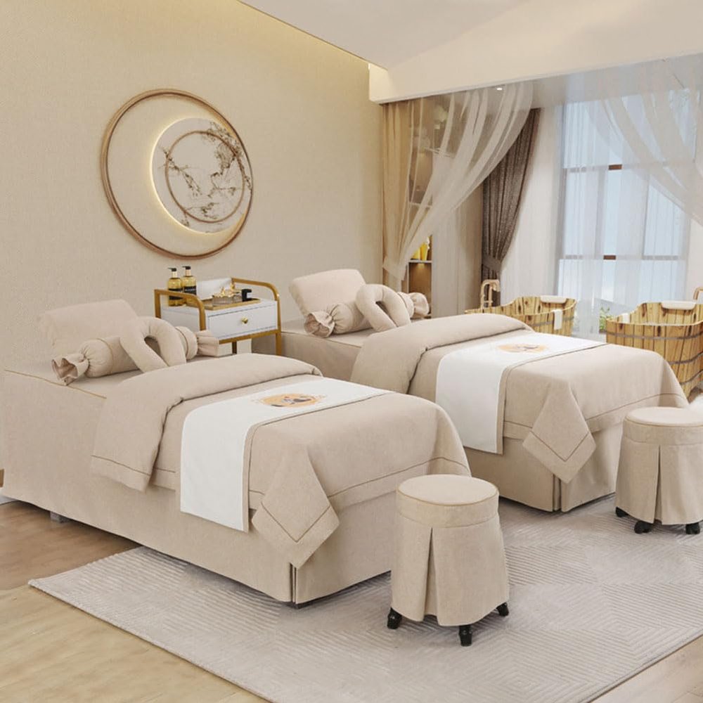 4pcs Beauty Salon Bedding Set Thick Bed Linens Sheets with Face Rest Hole,Massage Table Sheets Set for Salon Fumigation Beige Square Bedside 180 * 70cm(70.8 * 27.5in)