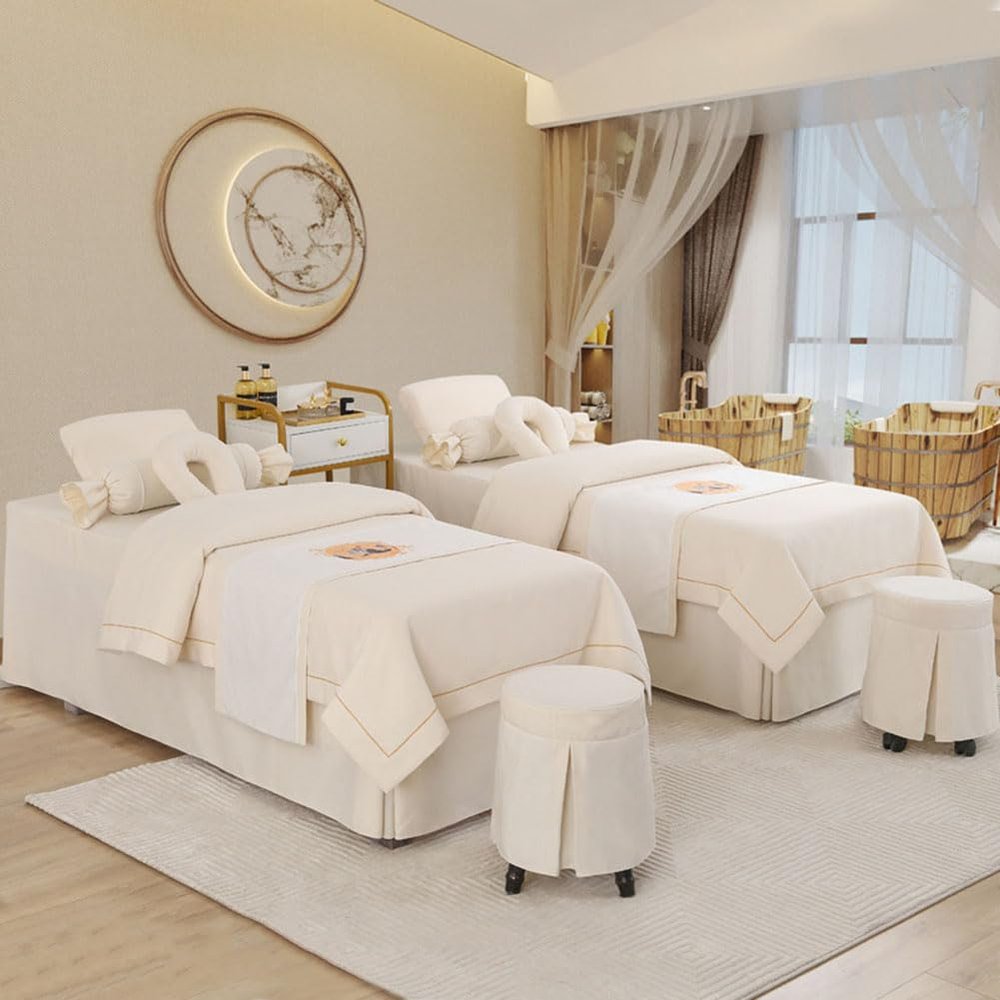 4pcs Beauty Salon Bedding Set Thick Bed Linens Sheets with Face Rest Hole,Massage Table Sheets Set for Salon Fumigation White Square Bedside 190 * 70cm (74.8 * 27.5in)