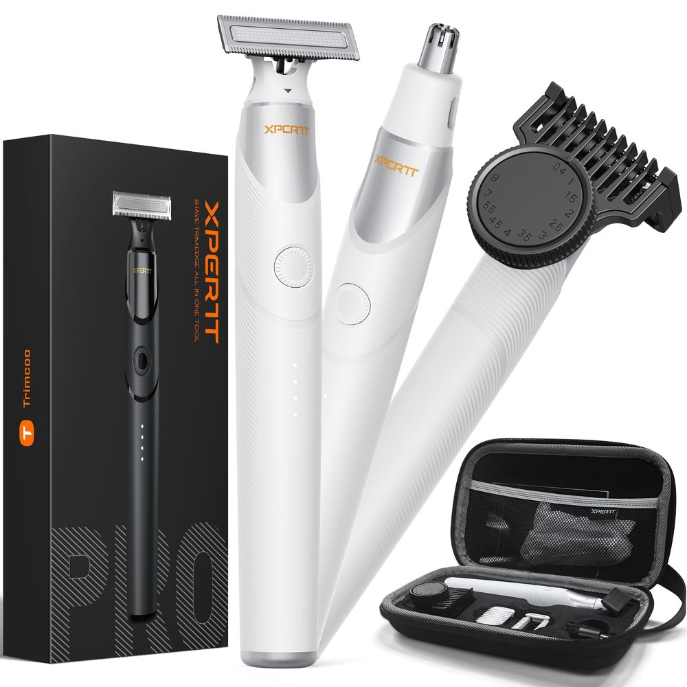 Trimcoo New Electric Beard & Nose Hair Trimmer Kit - Painless Razor with 12 in 1 Rotating Comb, Magnetic Nose Hair Head, Waterproof Wet/Dry, Groin/Ball Shaver for Men, USB-C Fast Charging,White(Pack)