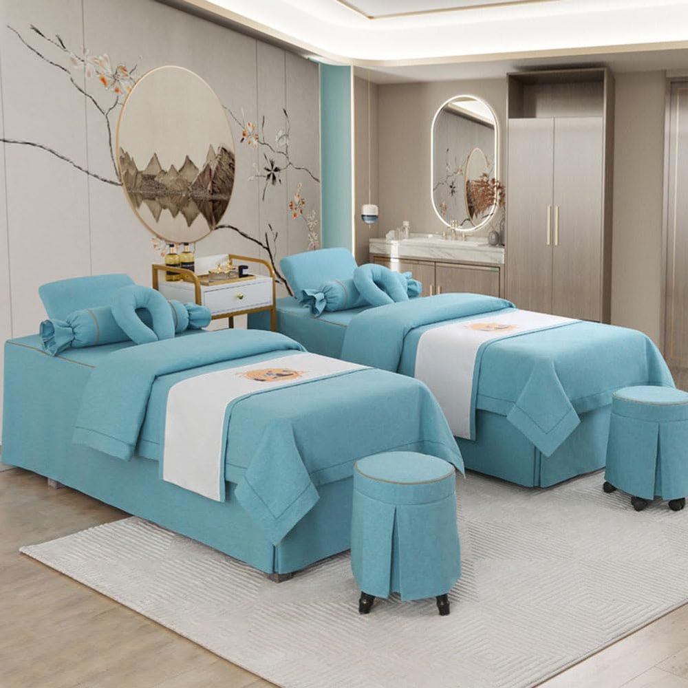 4pcs Beauty Salon Bedding Set Thick Bed Linens Sheets with Face Rest Hole,Massage Table Sheets Set for Salon Fumigation Sky Blue Square Bedside 180 * 70cm(70.8 * 27.5in)