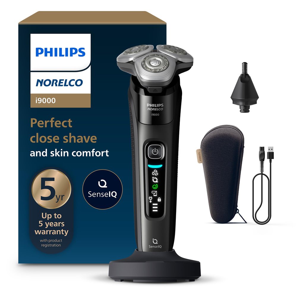 Philips Norelco Shaver i9000, Wet & Dry Electric Shaver, Ink Black, SenseIQ Technology, Triple Lift & Cut System, 360 Rotating Dual SteelPrecision Precision Blades, Nose Trimmer, Model X9000/90