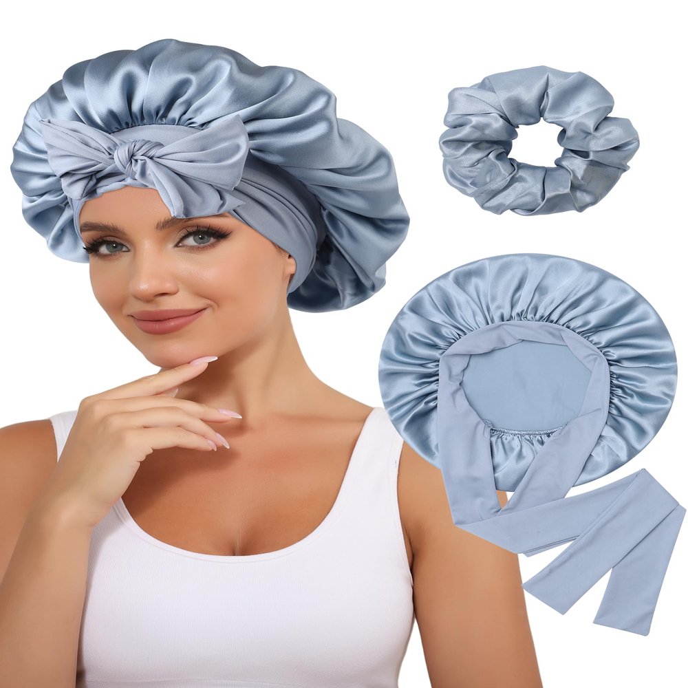 100% Mulberry Silk Bonnet for Women Hair Bonnet for Sleeping with Hair Scrunchy Elastic Tie Band Night Cap(Blue)