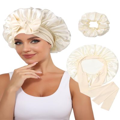 100% Mulberry Silk Bonnet for Women Hair Bonnet for Sleeping with Hair Scrunchy Elastic Tie Band Night Cap(Off-white)