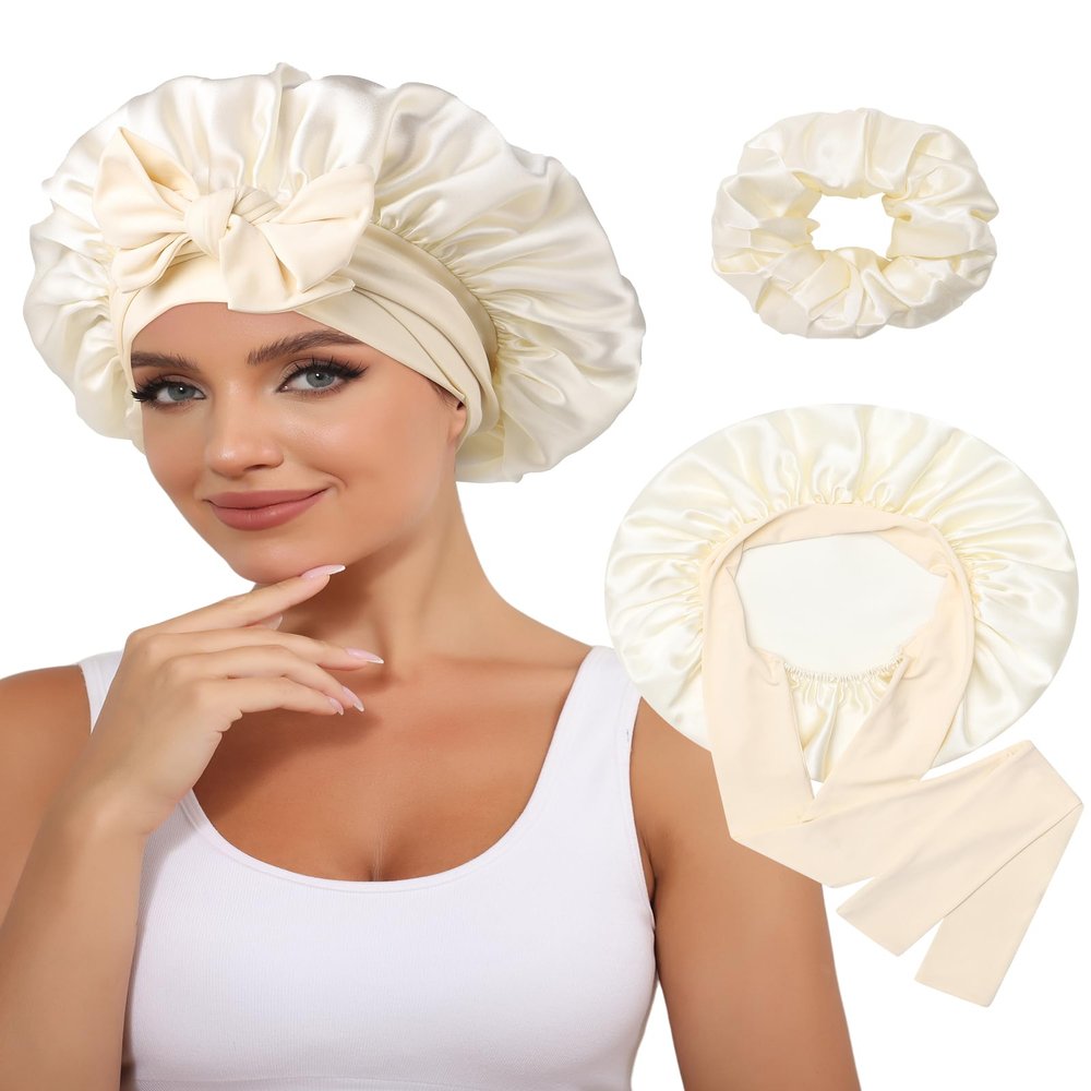 100% Mulberry Silk Bonnet for Women Hair Bonnet for Sleeping with Hair Scrunchy Elastic Tie Band Night Cap(Off-white)