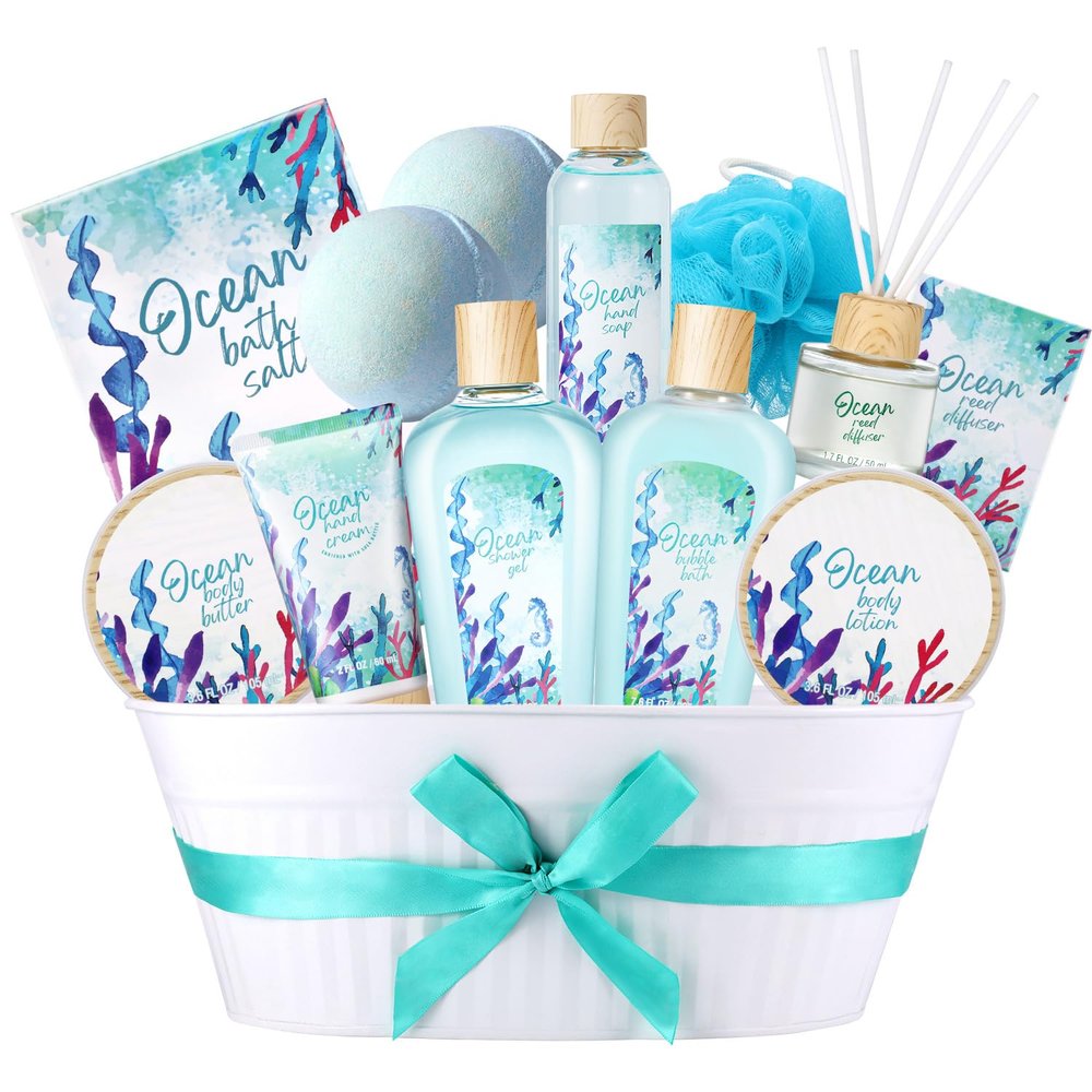 12Pcs Ocean Spa Gift Baskets for Women  Luxurious Bath & Body Set with Bubble Bath, Lotion, Spa Gifts Sets for Mothers Day, Mothers Day Presents for Her