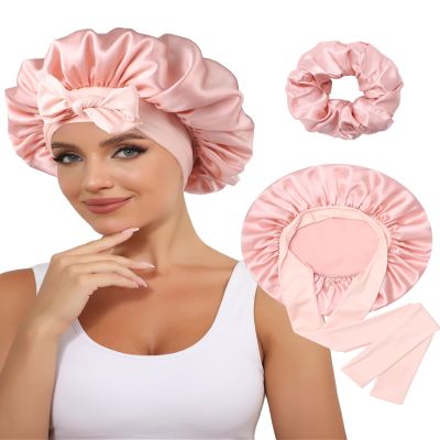 100% Mulberry Silk Bonnet for Women Hair Bonnet for Sleeping with Hair Scrunchy Elastic Tie Band Night Cap(Pink)