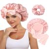 100% Mulberry Silk Bonnet for Women Hair Bonnet for Sleeping with Hair Scrunchy Elastic Tie Band Night Cap(Pink) view 1
