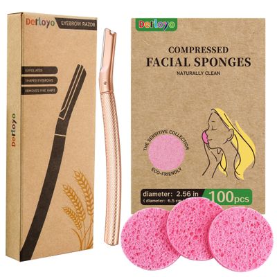 Dermaplaning Razor & Compressed Facial Sponges Set - Exfoliate, Cleanse & 12 Blades + 100-Count Facial Sponges for Smooth Skin & Makeup