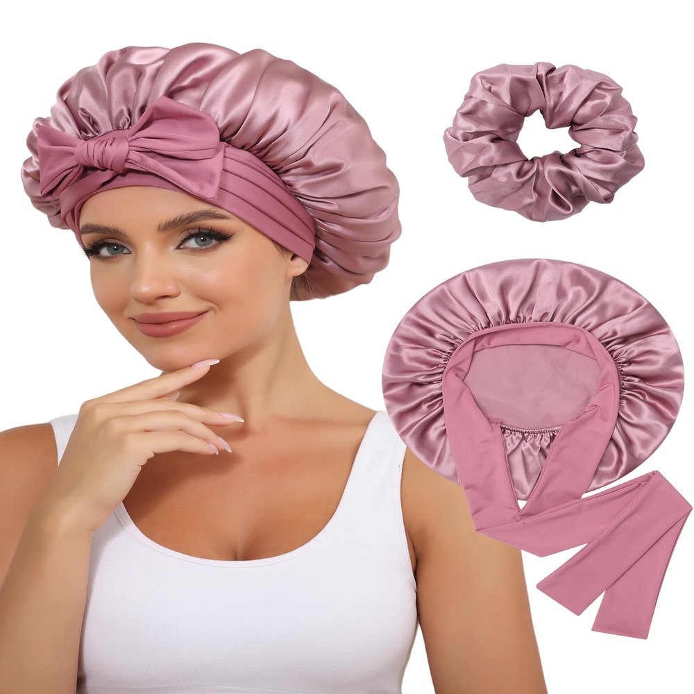 100% Mulberry Silk Bonnet for Women Hair Bonnet for Sleeping with Hair Scrunchy Elastic Tie Band Night Cap(Bean Paste)