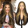 Eawwii Brown Honey Blonde Glueless Wigs for Women Pre Cut Synthetic Lace Hairline Long Layered Straight Hairstyle 26 Inch view 1