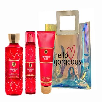 Strawberry Flirt - White Barn - Bath Body/Work -3 Piece Bundle - Premium Beauty - Full Size and Hello Gorgeous Gift Bag (Packaging May Vary)