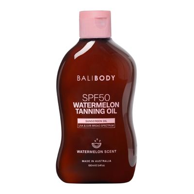 Bali Body Watermelon Tanning Oil SPF50  Tanning Oil with SPF for Dark Glow Skin, Fast-Absorbing, Non-Greasy Formula, Hydrating, Travel Size, Cruelty-Free, Vegan Australian Made (100ml/3.4floz)