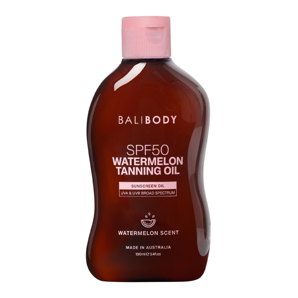 Bali Body Watermelon Tanning Oil SPF50  Tanning Oil with SPF for Dark Glow Skin, Fast-Absorbing, Non-Greasy Formula, Hydrating, Travel Size, Cruelty-Free, Vegan Australian Made (100ml/3.4floz)
