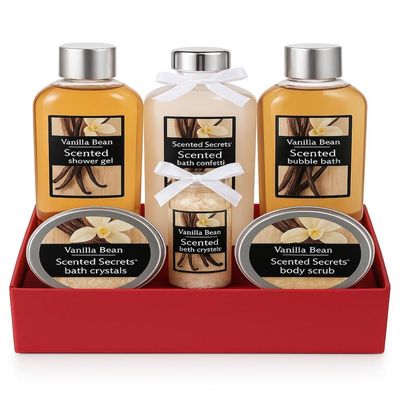 Scented Secrets Bath Gift Set | Luxurious Vanilla Bean Spa Kit | 6-Piece Bath & Body Pampering Set | Ideal Gift for Relaxation & Self-Care