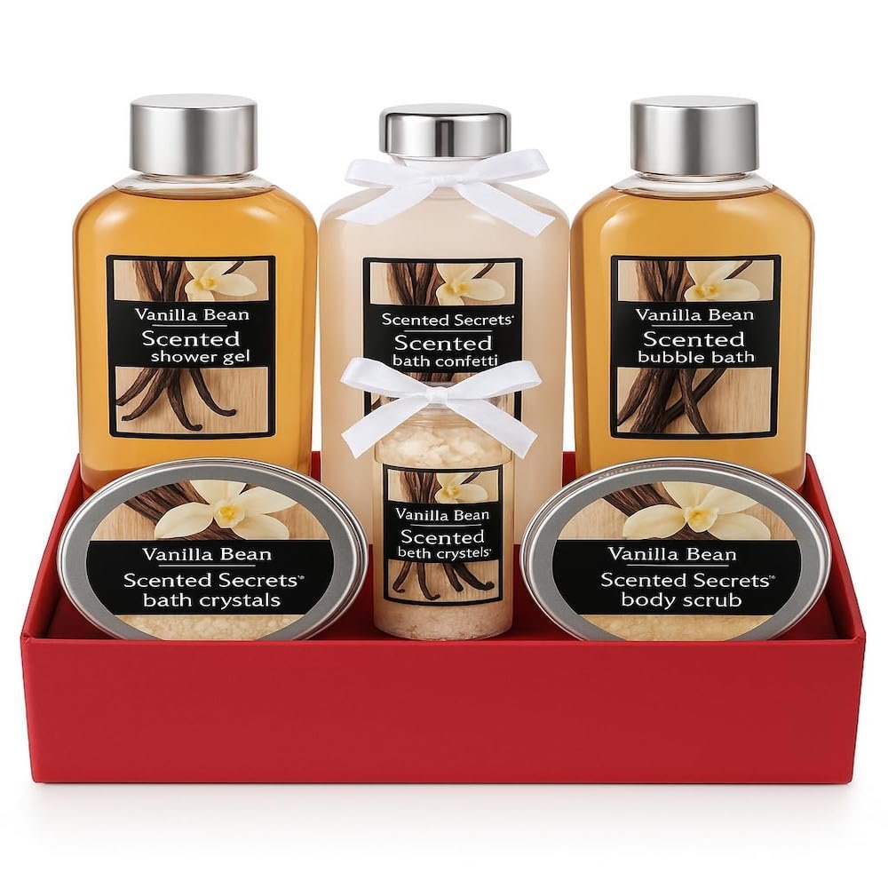Scented Secrets Bath Gift Set | Luxurious Vanilla Bean Spa Kit | 6-Piece Bath & Body Pampering Set | Ideal Gift for Relaxation & Self-Care