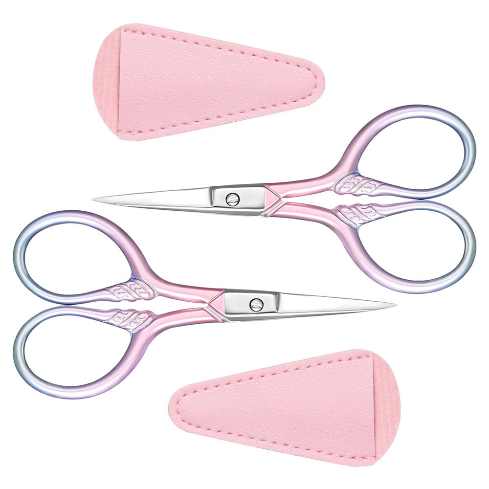 2 Pcs Pink Eyebrow Scissors for Women Small Scissors 3.67 Inch Professional Cosmetic Lash Scissorses Trimming with Stainless Steel Straight Tip for Eyebrows Hair Nose Hai Beard