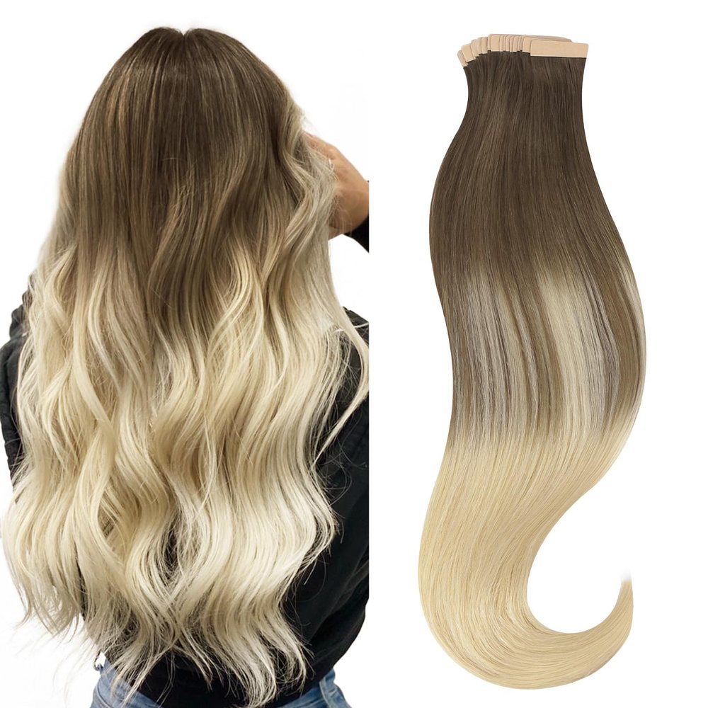 HOTBANANA Tape in Hair Extensions, 24 Inch 20pcs 50g Ash Brown to Platinum Blonde Remy Tape in Real Human Hair Extensions Straight
