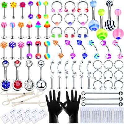 A-minusone 99 PCS Body Piercing Kit Stainless Steel Piercing Jewelry 12G 14G 16G 20G Piercing Needles Tools for Nose Cartilage Tragus Septum Lip Belly Button Eyebrow Piercing Jewelry Clamps