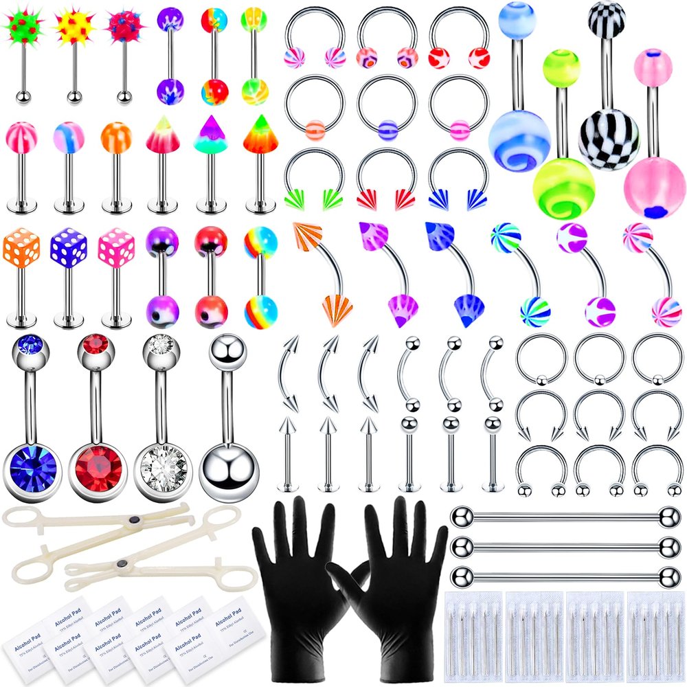 A-minusone 99 PCS Body Piercing Kit Stainless Steel Piercing Jewelry 12G 14G 16G 20G Piercing Needles Tools for Nose Cartilage Tragus Septum Lip Belly Button Eyebrow Piercing Jewelry Clamps