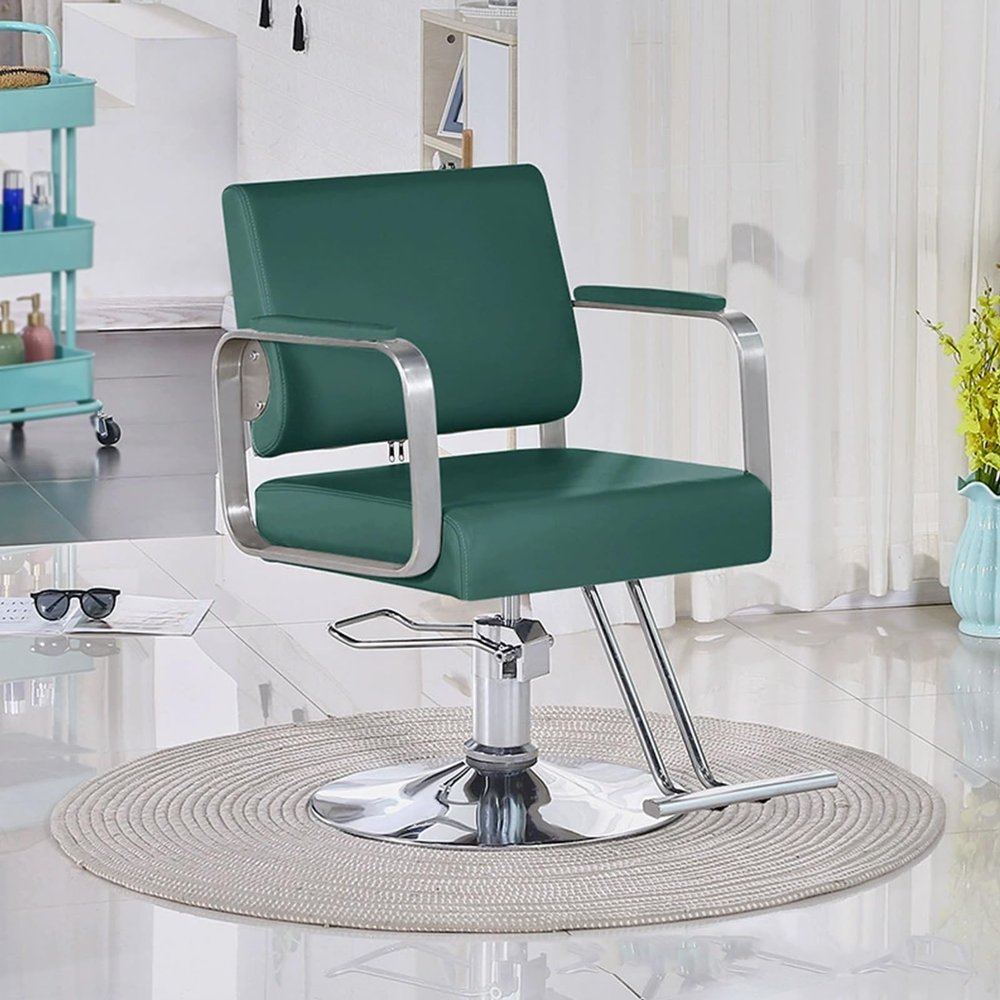 Barber Chairs for Barbershop Adjustable Height 360 Rotation Leather Hair Chair with Disc Base and Stainless Steel Footrest for Use in Barbershops and Beauty Salons(Green)