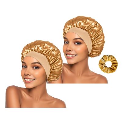 2 pieces of silk nightcap, satin hair cap, soft elastic silk nightcap, reusable and washable, women's headband (gold)