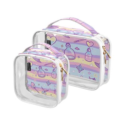 Amooorous 2 Pack Witch Potion Cartoon Rainbow Stripes clear decorative hanging toiletry travel TSA approved multifunctional makeup brush bag shaving essentials Bolsa de almacenamiento