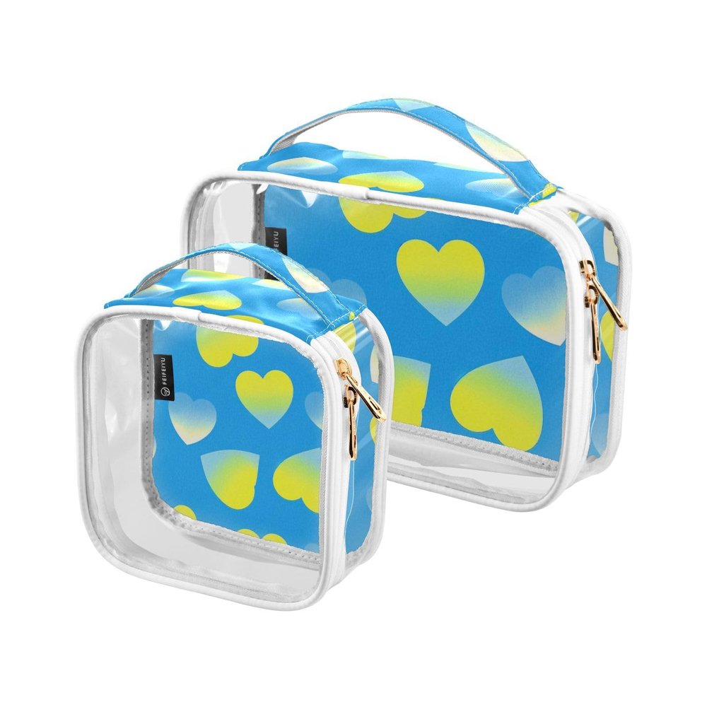Amooorous 2 Pack Teal Gradient Valentine Love clear decorative travel toiletry kit TSA approved transparent cosmetic bags for women shaving essentials Bolsa de maquillaje