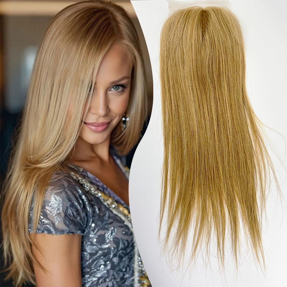 5x5 Silk Base Hair Topper with Clips, Jet Black Straight Human Hair, Transparent Lace, Free Part (#27 Golden Blonde, 22inch)