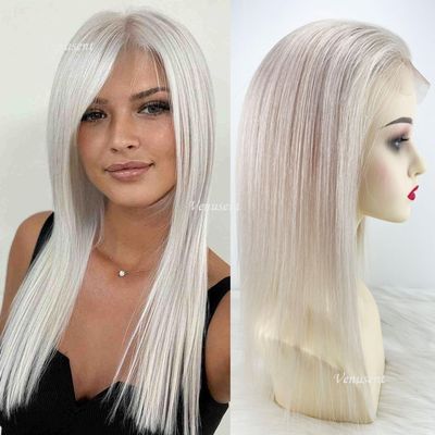 5x5 Silk Base Hair Topper with Clips, Jet Black Straight Human Hair, Transparent Lace, Free Part (#60 Platinum Blonde, 14inch)