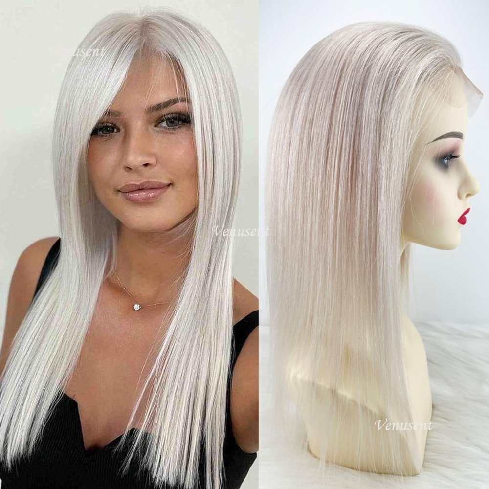 5x5 Silk Base Hair Topper with Clips, Jet Black Straight Human Hair, Transparent Lace, Free Part (#60 Platinum Blonde, 14inch)