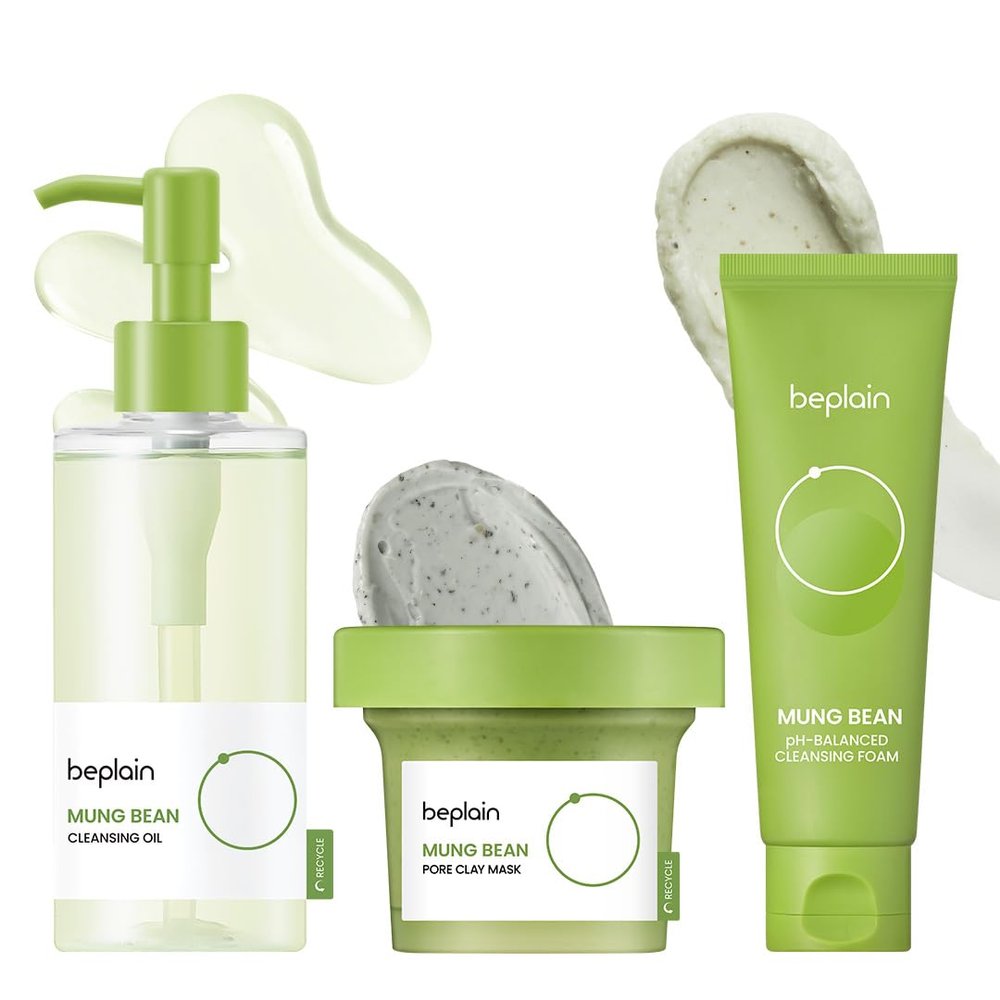 beplain Mung Bean Pore Care Trio - Cleansing Oil & Cleansing Foam &Clay Mask | Korean Skin Care | Suitable for Sensitive Skin