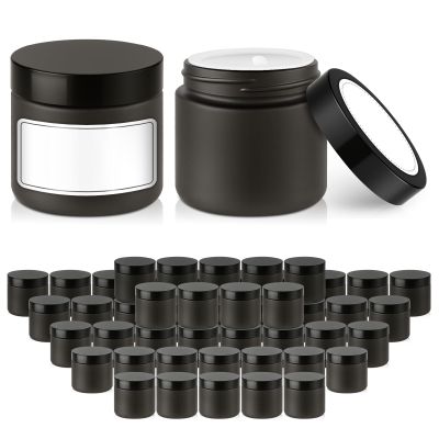 2 oz Glass Jars with Lids, Bumobum 48 pack Black Cream Jars with Black Lids, Black and White Labels & Inner Liners, Empty Cosmetic Containers for Cream, Lotion, Ointment
