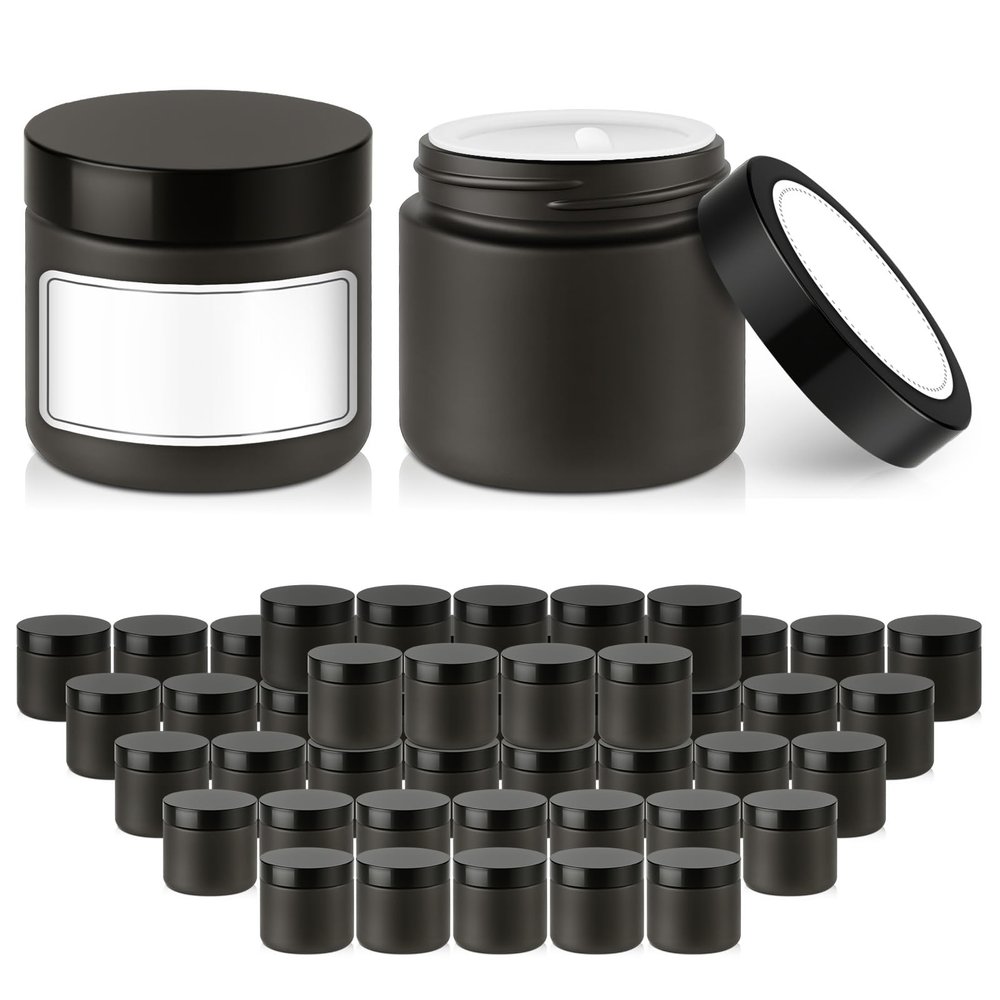 2 oz Glass Jars with Lids, Bumobum 48 pack Black Cream Jars with Black Lids, Black and White Labels & Inner Liners, Empty Cosmetic Containers for Cream, Lotion, Ointment