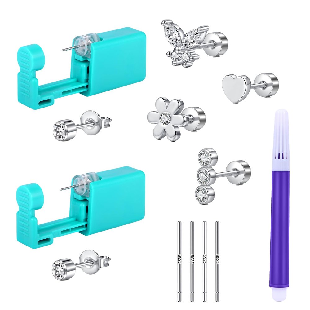 AVYRING Ear Piercing Gun Kit - 2 Pcs Silver Self Ear Piercing Kit with Earring Stud Hypoallergenic Steel Tools at Home 20g Flat Back Earrings
