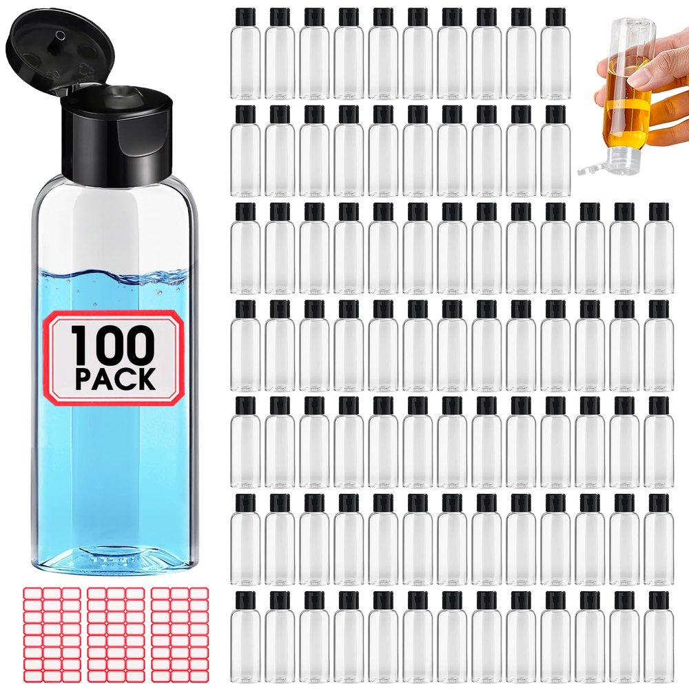 100 Pack Empty 3.4 oz Travel Bottles Tsa Approved Leakproof Plastic Squeezable Small Bottles for Toiletries Liquids Travel Essentials with Black Flip Cap