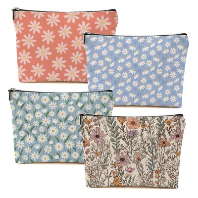 DHKG 4pcs Vintage Floral Makeup Bag, Daisy Flower Cosmetic Bag Garden Gifts for Women Female Girls Sister BFF Nature Lover, Travel Zipper Pouch Christmas Thanksgiving Birthday Gifts