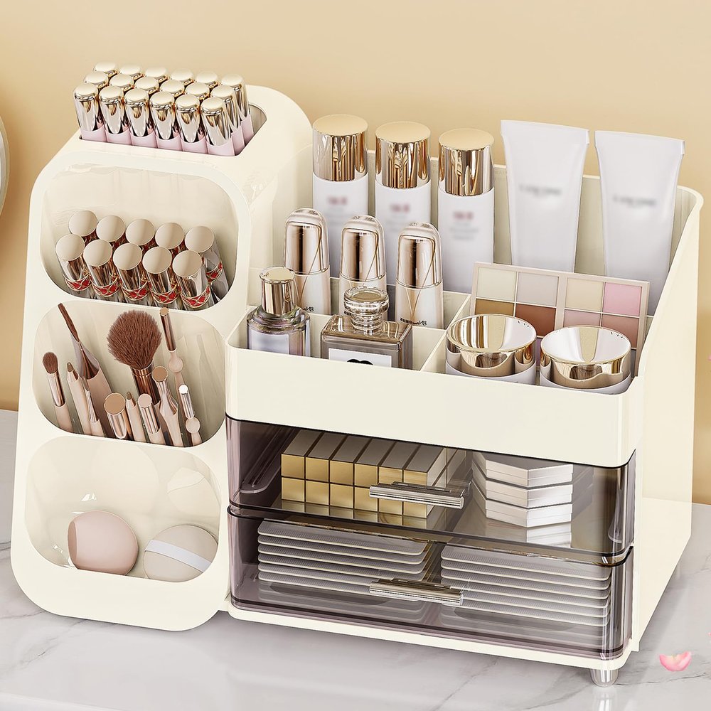 Anylady Makeup Organizer with Drawers, Skincare Organizer (Large Size Thick), Storage Box Cosmetic Display Cases, Make up Organizers for Vanity, Dresser, Desk, Kitchen, Countertop (cream)