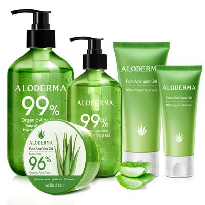 Aloderma Aloe Vera Gel Set, 5 Pieces - 45g Aloe Vera Gel, 114g Aloe Vera Gel, 300g Aloe Vera Gel, 300g Aloe Vera Gel + Tea Tree Oil, 200g Aloe Vera Gel
