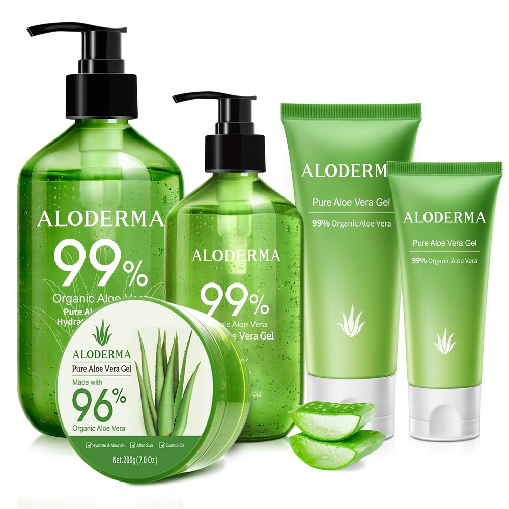 Aloderma Aloe Vera Gel Set, 5 Pieces - 45g Aloe Vera Gel, 114g Aloe Vera Gel, 300g Aloe Vera Gel, 300g Aloe Vera Gel + Tea Tree Oil, 200g Aloe Vera Gel