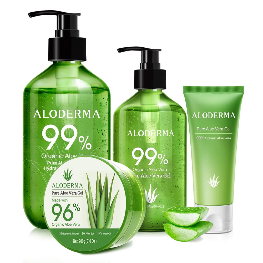 Aloderma Aloe Vera Gel Set, 4 Pieces - 500g Aloe Vera Gel, 300g Aloe Vera Gel, 200g Aloe Vera Gel, 45g Aloe Vera Gel