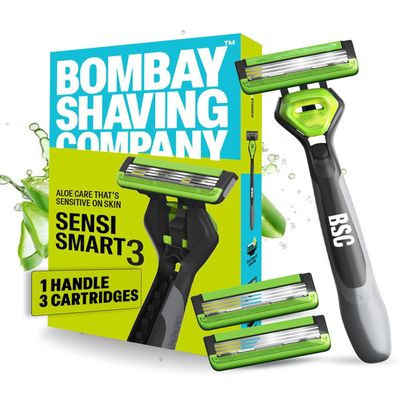 Bom,bay Shaving Company Sensi Smart 3 Value Pack (Handle + 3 Blades Cartridge) | Shaving Razor for Men | Aloe Gel and Argan Oil Lubra Strip with Pivot Head
