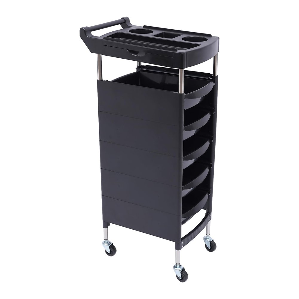JLYNOWPT Salon Cart, Lighter and Strong Material Salon Trolley with Handle and Rolling Wheels,Hair Cart with 5 Drawers and 2 Hair Dryer Holder Side Tray for Barbershop Beauty Spa