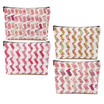 4pcs Pink Preppy Cowboy Boots Cosmetic Bags for Women Western Makeup Bag