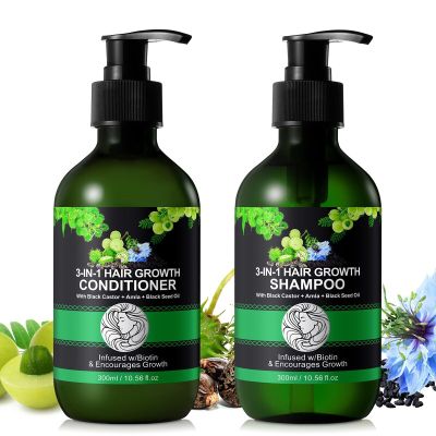 3-in-1 Hair Growth Shampoo and Conditioner Set with Black Castor Oil Amla Black Seed Oil and Biotin for Thicker Stronger and Healthier Hair 10.56 fl oz Each