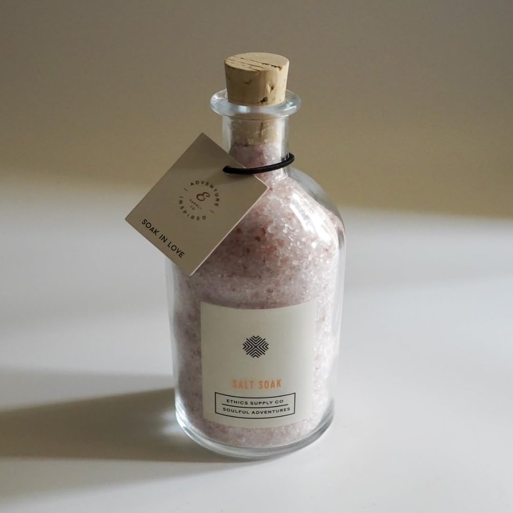 Ethics Supply Co. Soak in Love Luxury Bath Salts - Cedar, Rosemary, Sea Salt & Jasmine, Relaxing & Hydrating Scented Bath Soak for Women & Men - 8oz