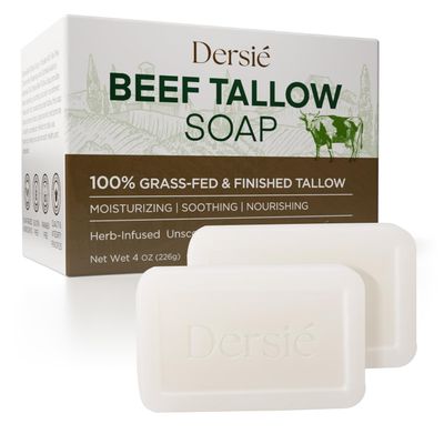 Beef Tallow Soap Bar for Skin: Organic Beef Tallow Soap for Face & Body with 100% Grass-Fed & Finished - Gentle Moisturizing Body Wash for Dry, Sensitive, and Normal Skin - Unscented (4 oz / 2-Pack)