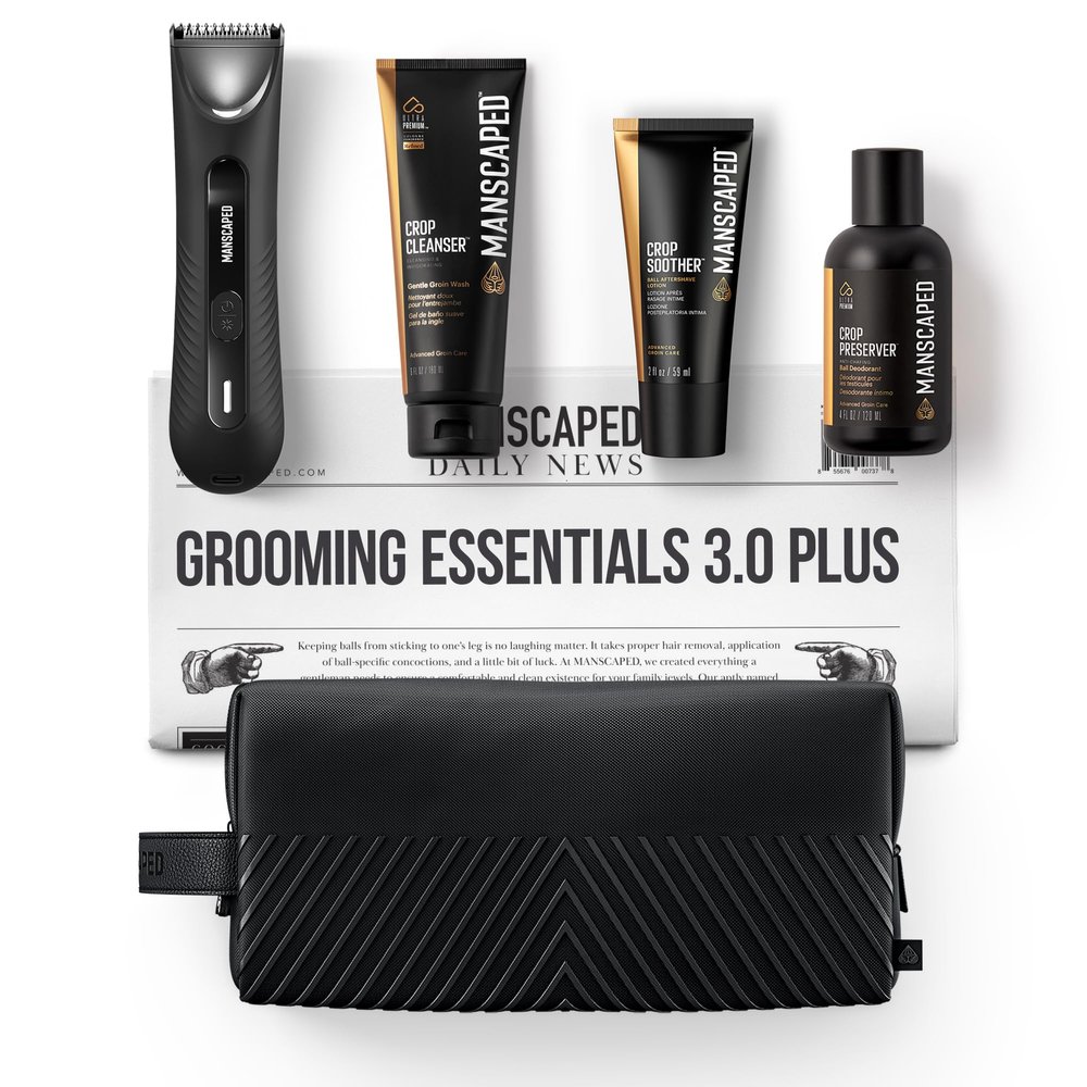 MANSCAPED Grooming Essentials 3.0 Plus Routine with The Lawn Mower 3.0 Plus Men's Groin Hair Trimmer, Crop Preserver Ball Deodorant, Crop Cleanser, Crop Soother Aftershave, Shed 2.0 Toiletry Bag