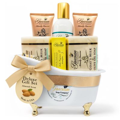 The Grecian Soap Company Deluxe Gift Basket for Women - 6pcs Goat Milk & Olive Oil Skin Care Set, Birthday Gifts, Spa Gift, Bridal Shower Gifts, Gifts for Mom, Almond Scent, Handmade in the USA